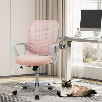 Sweetcrispy Ergonomic Mid-Back Mesh Home Office Desk Chair with Wheels, Managerial Executive Chair with Lumbar Support, and Comfortable Armrests for Home, Bedroom, Study, Office, Pink
