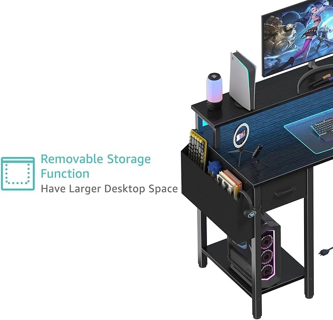 Lufeiya L Shaped Gaming Desk with Fabric Drawers and Storage Shelves, 47 inch Home Office Desk with Monitor Stand, Computer Desk with LED Lights and Power Outlets, Black