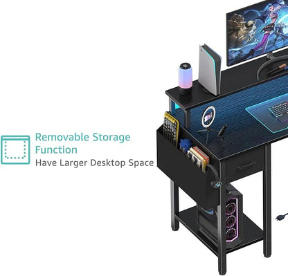 Lufeiya L Shaped Gaming Desk with Fabric Drawers and Storage Shelves, 47 inch Home Office Desk with Monitor Stand, Computer Desk with LED Lights and Power Outlets, Black