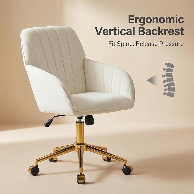 Velvet Home Office Desk Chair, Modern Cute Computer Task Chair with Back, Height Adjustable Upholstered Vanity Chair with Swivel Wheels for Women, Girls (Gold Base, Cream