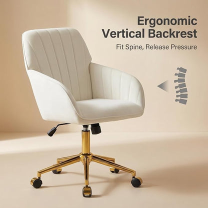 Velvet Home Office Desk Chair, Modern Cute Computer Task Chair with Back, Height Adjustable Upholstered Vanity Chair with Swivel Wheels for Women, Girls (Gold Base, Cream