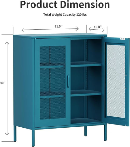 Washsemba Metal Storage Cabinet with Mesh Doors,Steel Display Cabinet with Adjustable Shelves,Metal Office Storage Locker for Home Office,Garage(Blue, 40''H)