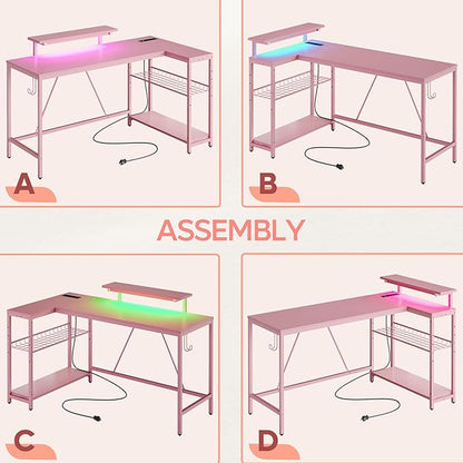 Bestier L Shaped Gaming Desk with Power Outlets,58 LED Small Corner Desk with Reversible Storage Shelves,Pink Computer Desk with Headset Hooks Desk for Living Room and Dormitory