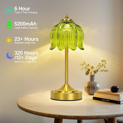 Cordless Lotus Flower Table Lamp, 5200mAh Rechargeable Battery Operated Portable Lamp, 3-Color Dimmable Touch Control Small Desk Lamp for Bedroom, Office, Kitchen, Nightstand,Room Decor(Green)