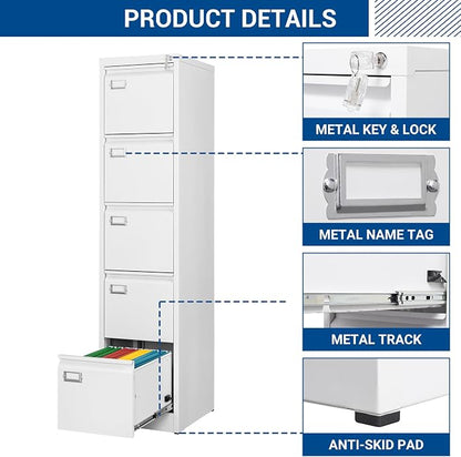 Fesbos File Cabinets - 5 Drawers Vertical 17.8" Deep Lockable Filing Cabinet - White Metal Storage Cabinets for Home Office to Hanging Files Letter/Legal/F4/A4 Size