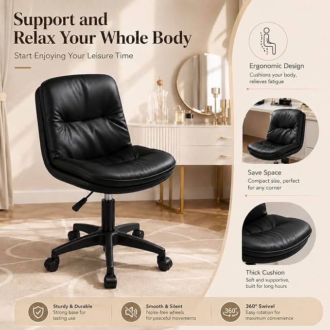 Vanity Chair with Back, PU Leather Swivel Office Desk Chair, Height Adjustable Armless Chair for Small Spaces, Bedroom, Vanity, Home Office Black