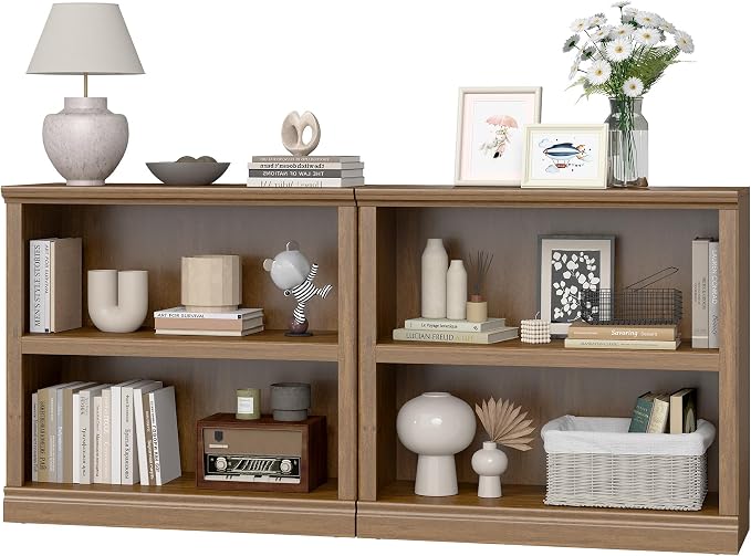 blini Wooden Bookshelf and Bookcase 2 Shelf Double Wide Large Bookshelves Vintage Oak Bookshelf Low Horizontal Book Case for Living Room, Home Office, Library (Vintage Oak, 2-Shelf)