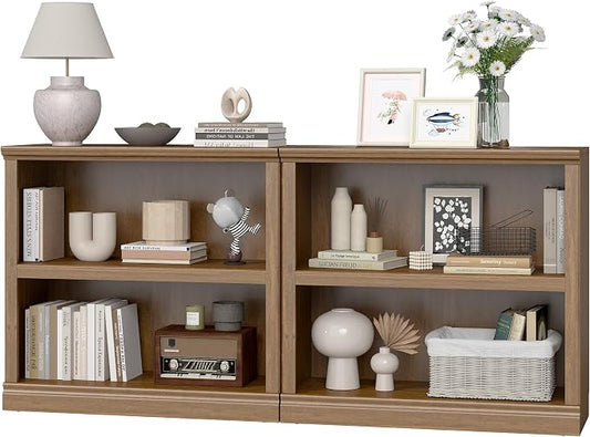 blini Wooden Bookshelf and Bookcase 2 Shelf Double Wide Large Bookshelves Vintage Oak Bookshelf Low Horizontal Book Case for Living Room, Home Office, Library (Vintage Oak, 2-Shelf)