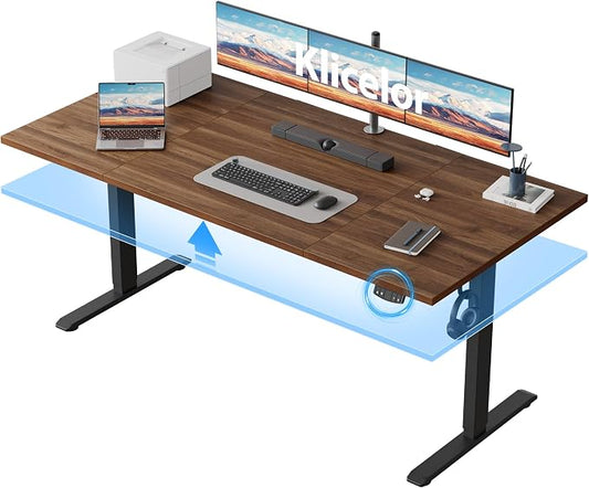 Klicelor 63 Inch Large Electric Standing Desk, Height Adjustable Office Desk, Sit Stand Up Computer Gaming Desk with Memory Preset, Three-Piece Desktop, Dark Walnut