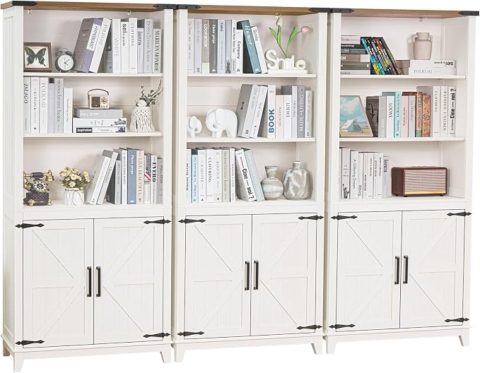 Joaxswe 70in Tall Bookshelf 5 Tier Bookcase with Barn Doors and Storage Cabinet, White Farmhouse Book Shelf with Adjustable Shelves, Wood Freestanding Display Bookshelves for Bedroom, Kitchen (3PCS)