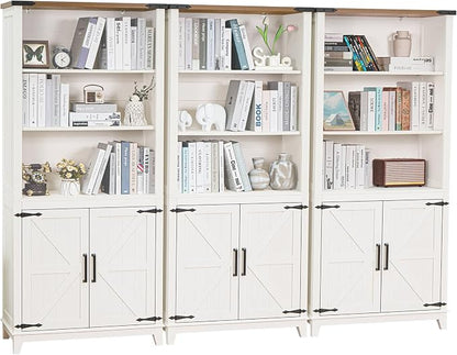 Joaxswe 70in Tall Bookshelf 5 Tier Bookcase with Barn Doors and Storage Cabinet, White Farmhouse Book Shelf with Adjustable Shelves, Wood Freestanding Display Bookshelves for Bedroom, Kitchen (3PCS)