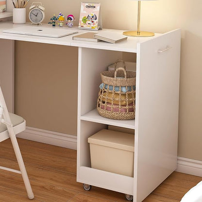 Fold Out Desk with Storage Shelves & Mobile Wheels, Convertible Pull-Out Murphy Desk for Small Spaces | Hidden Writing Computer Desks for Home Office, Apartment & Bedroom(White-)