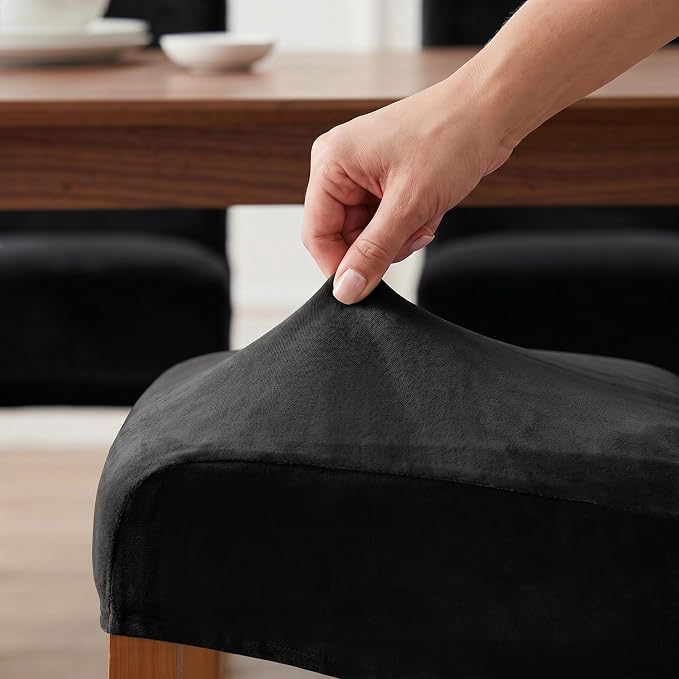 Deisy Dee Stretch XL/Oversized Extra Large Velvet Dining Room Chair Covers for Kitchen Dining，Removable Washable Chair Protectors Slipcovers (Black, 4)