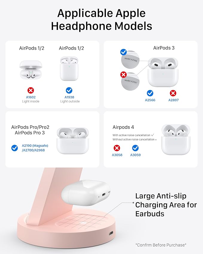Anlmz 3 in 1 Charging Station for iPhone, Wireless Charger for iPhone 17 16e 16 15 14 13 12 11 X Pro Max & Apple Watch - Charging Stand Dock for AirPods (Pink)