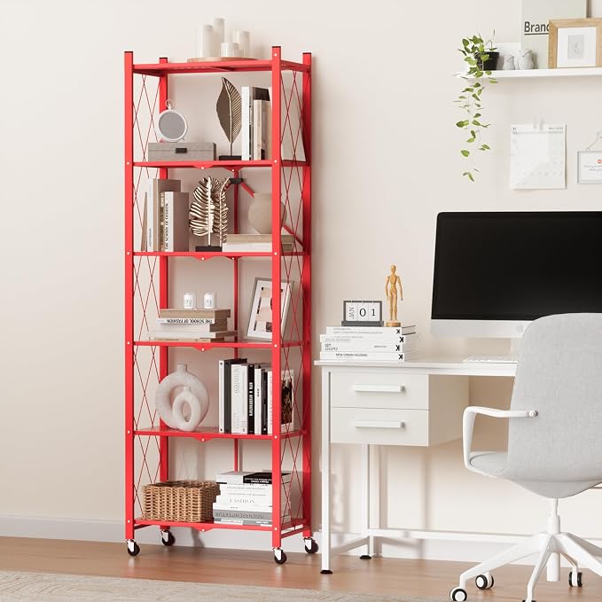 ALANNG 73.6 Inch Folding Bookshelf, 6 Tier Metal Bookcase and Bookshelves, Tall Shelves for Living Room Office Bedroom, Heavy Duty Book Shelve Free Standing Open (Red, 3PACK)