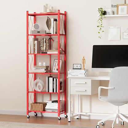 ALANNG 73.6 Inch Folding Bookshelf, 6 Tier Metal Bookcase and Bookshelves, Tall Shelves for Living Room Office Bedroom, Heavy Duty Book Shelve Free Standing Open (Red, 4PACK)
