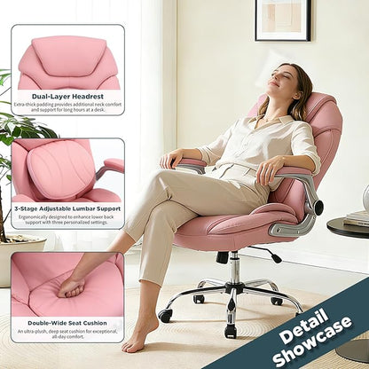 Ergonomic Executive Office Chairs with Adjustable Lumbar Support, 90-120° Rocking Managerial Chair Swivel Desk Chairs with Padded Flip-up Armrests (Pink), Medium(300lbs)
