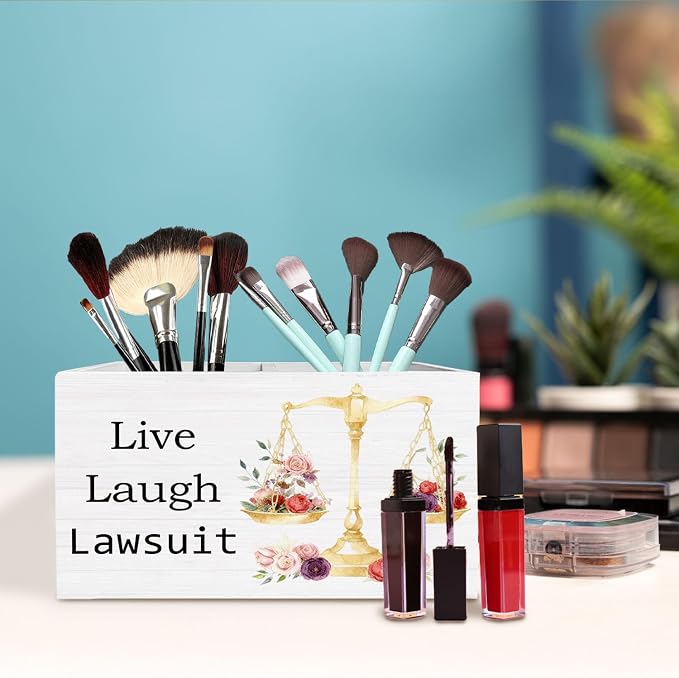 Funny Lawyer Gifts Pen Holder for Desk, Live Laugh Lawsuit Justice Scale Wooden Box Sign Desk Decor for Law School Office Decoration, Attorney Gifts for Women Pencil Organizer