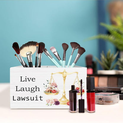 Funny Lawyer Gifts Pen Holder for Desk, Live Laugh Lawsuit Justice Scale Wooden Box Sign Desk Decor for Law School Office Decoration, Attorney Gifts for Women Pencil Organizer