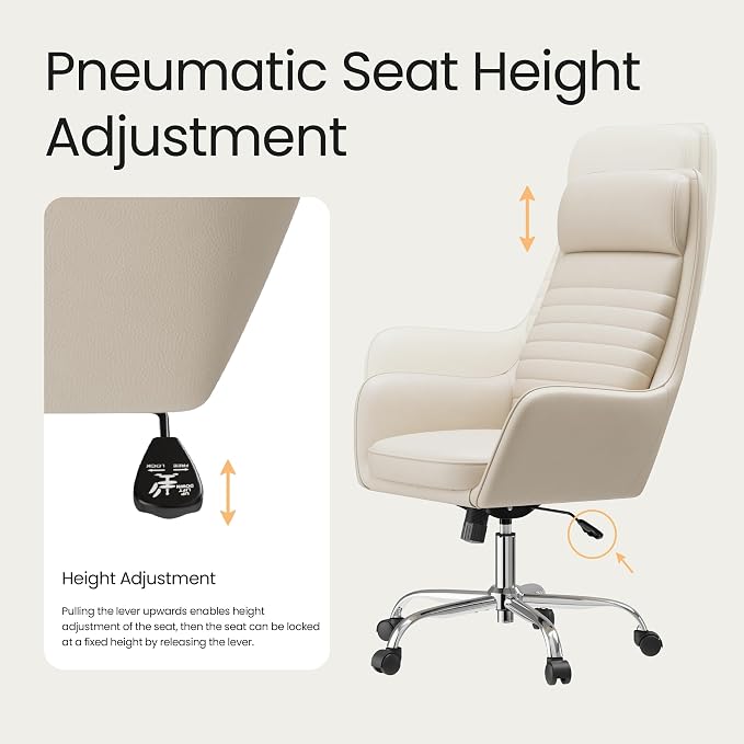 COLAMY Ellis High-Back Home Office Desk Chair, Leather Executive Chair with Integrated Armrests, Beige