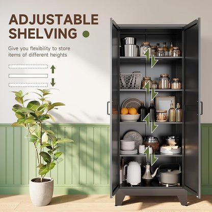Letaya 75" H Metal Storage Cabinet with 2 Doors and 4 Shelves,Tall Kitchen Pantry Cabinets,Farmhouse Utility Pantry Organizers for Cupboard/Dining/Bathroom/Home Office/Garage Room,Black