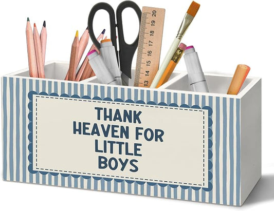 Boys Room Decor Pen Holder Organizer for Desk Accessories, Thank Heaven for Little Boys Retro Blue Striped Wooden Box Sign Desk Decorations for Kids Boy Nursery Room Bedroom Playroom Decor