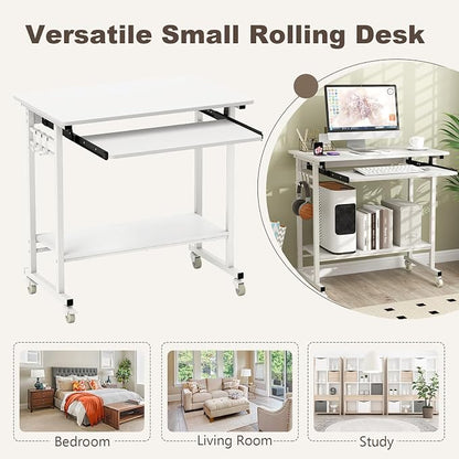 Tangkula Rolling Computer Desk Cart with Keyboard Tray, Mobile Portable Laptop PC Desk with CPU Stand & 3 Hooks for Sofa & Bed, Compact Small Desk on Wheels for Small Spaces (White)