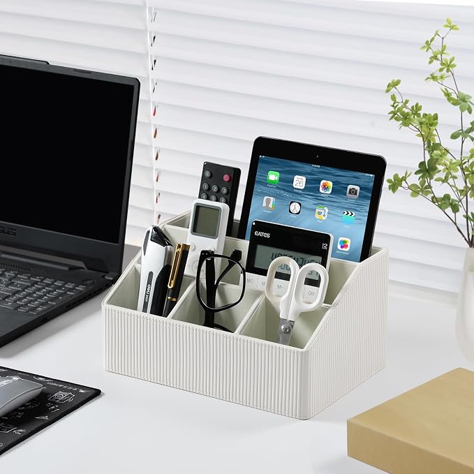 Desk Organizer Caddy with 5 Compartments for Office Art Supplies, PU Leather Nightstand Organizer Pencil Pen Desk Caddy for Home, Desktop TV Remote Control Holder Storage (Striped Ivory)
