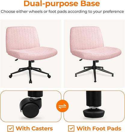 NEO CHAIR Criss Cross Chair with Wheels Armless Cross Legged Office Desk Wide Comfy Vanity Makeup Chair Adjustable Swivel Rolling Computer for Home Office Fabric (Pink)