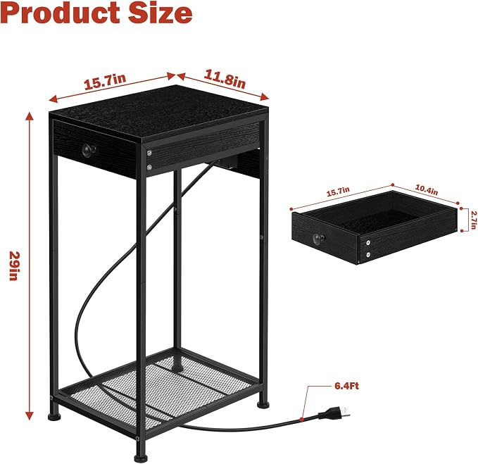 Vrisa Printer Stand with Storage Drawer Small Printer Table Cart with Wheels and Charging Station Home Mobile Computer PC Tower Label Printer Shelf Shredder Stands for Home Office, Black