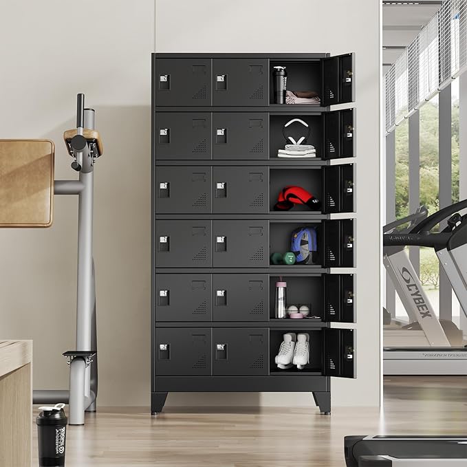 Metal Lockers for Employees-18 Doors Storage Locker with Shelves and Lockable Steel Cabinet for School,Gym,Office,Staff,Assembly Required,Black