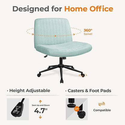 NEO CHAIR Criss Cross Chair with Wheels Armless Cross Legged Office Desk Wide Comfy Vanity Makeup Chair Adjustable Swivel Rolling Computer for Home Office Fabric (Mint)