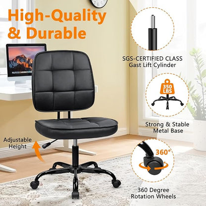 CLATINA Home Office Chair No Arms with Wheels, Armless Small Leather Ergonomic Low Back Desk Chairs Adjustable Height 360° Swivel Rolling Computer Task Chair for Work Conference Room, Black, 2 Pack