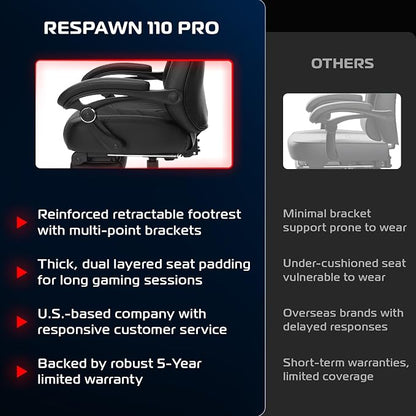 RESPAWN 110 Pro Ergonomic Gaming Chair with Footrest for Adults - Comfortable Office Gaming Recliner with Lumbar Support and Headrest, Racing Style Video Game Chairs for Computer Gamer - Black