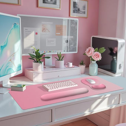 4-in-1 Large Gaming Mouse Pad, Keyboard Wrist Rest Pad & Wrist Support Mousepad Set, Extended Desk Pad Waterproof Desk Mat for Home Office Decor Study Game 35.4×15.7 Inches I Gradient Pink Blush