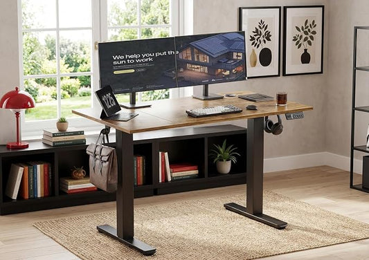 YDN Electric Standing Desk Adjustable Height, 48 x 24 Inches Sit Stand up Desk with Memory Presets & Cable Management, Home Office Desk for Office & Computer Workstation, Black Frame/Rustic Brown Top