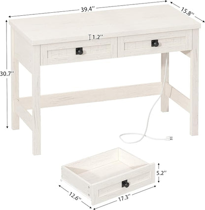 YOMILUVE Farmhouse Computer Desk with 2 Drawers, 39 Inch Small Office Computer Desk with Power Outlets, Compact Writing Study Vanity Desk for Small Spaces, White