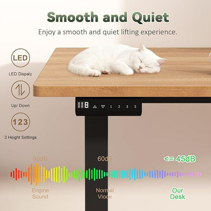 Farmhouse L Shaped Standing Desk, 66 inch Rattan Corner Electric Standing Desk with Drawers ＆ Storage Shelves, Height Adjustable Computer Desk with Power Outlets for Home Office (Natural Oak)