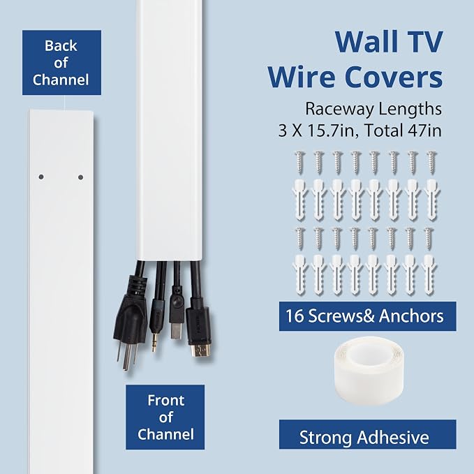 47in TV Cord Hider, YCLYC Cord Hider for Wall Mount TV, Large Cable Hider, Paintable Wire Covers for Cords, Cable Management Cord Organizer, Wire Hiders for TV on Wall 3*L15.7in W2in H0.7in, Black