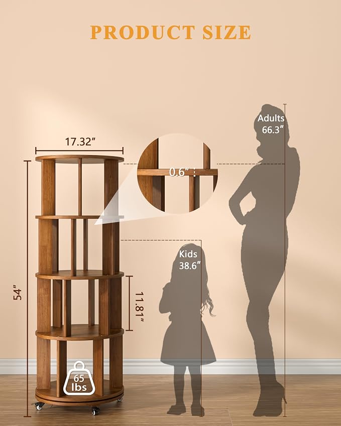4-Tier Solid Wood Rotating Bookshelf on Wheels, 360° Spinning Book Shelf Tower, Round Revolving Bookcase Organizer, Rolling Bookshelves for Small Spaces, Corner, Bedroom, Kids Room, Office, Walnut