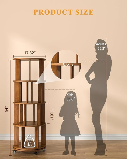 4-Tier Solid Wood Rotating Bookshelf on Wheels, 360° Spinning Book Shelf Tower, Round Revolving Bookcase Organizer, Rolling Bookshelves for Small Spaces, Corner, Bedroom, Kids Room, Office, Walnut