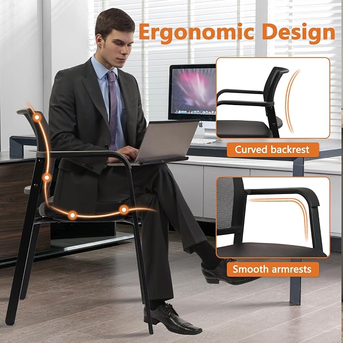 CLATINA Mesh Back Guest Reception Stacking Chair, Waiting Room Stackable Chairs with Upholstered Leather Seat & Ergonomic Lumbar Support for Office Conference School Study Church Lobby, Black, 2 Pack
