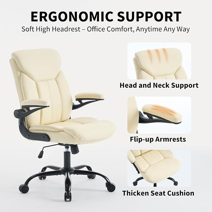 Home Office Ergonomic Desk Chair - Comfy Leather Executive Chair with Flip-Up Armrests, Height Adjustable Computer Chair for Gaming, 360° Swivel & Rocking (Beige)