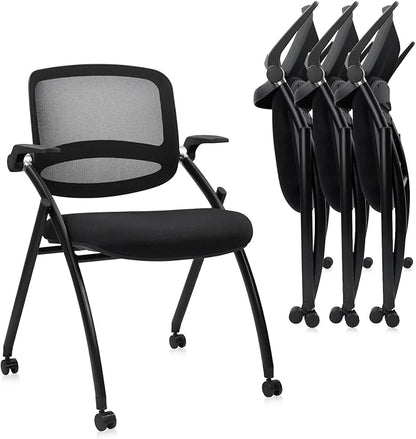 CLATINA Stackable & Foldable Conference Chair with Wheels, Ergonomic Mesh Back, 300lbs Capacity, Breathable Padded Seat, Adjustable Armrests, Office Chair for Reception, Training, Home, Black, 4PK