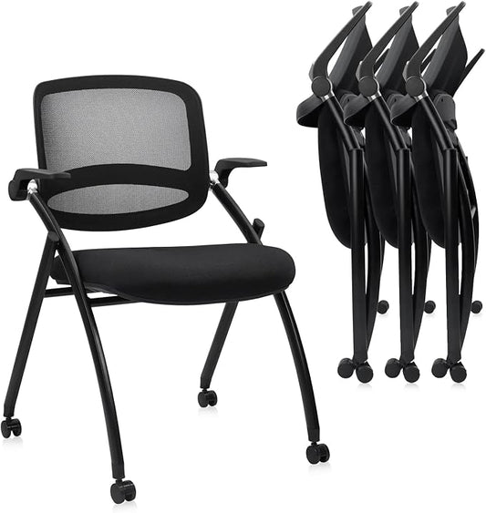 CLATINA Stackable & Foldable Conference Chair with Wheels, Ergonomic Mesh Back, 300lbs Capacity, Breathable Padded Seat, Adjustable Armrests, Office Chair for Reception, Training, Home, Black, 4PK