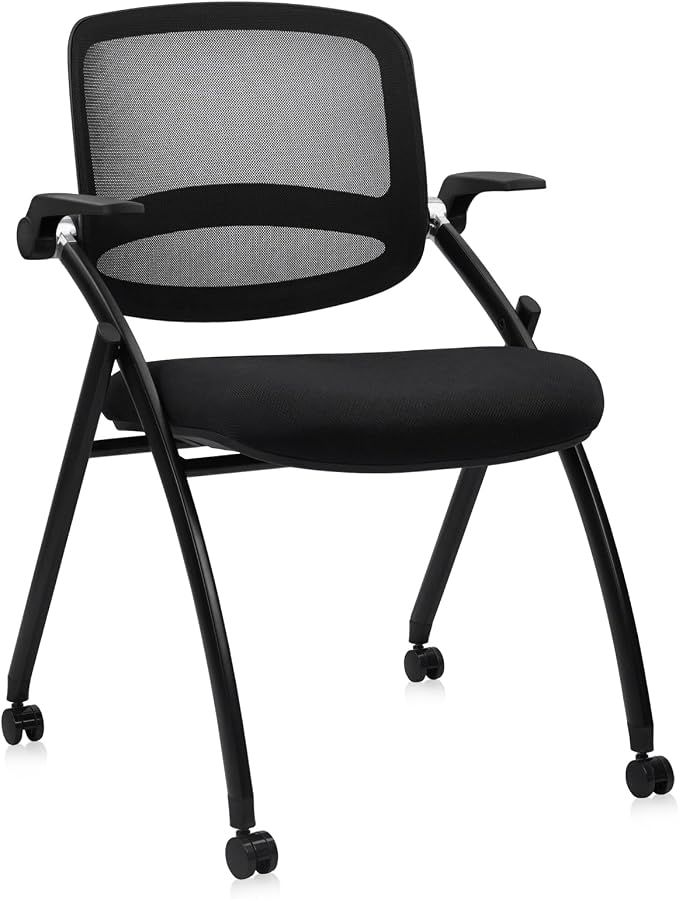 CLATINA Stackable & Foldable Conference Chair with Wheels, Ergonomic Mesh Back, 300lbs Capacity, Breathable Padded Seat, Adjustable Armrests, Office Chair for Reception, Training, Home, Black, 1PK