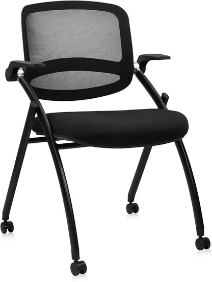 CLATINA Stackable & Foldable Conference Chair with Wheels, Ergonomic Mesh Back, 300lbs Capacity, Breathable Padded Seat, Adjustable Armrests, Office Chair for Reception, Training, Home, Black, 1PK
