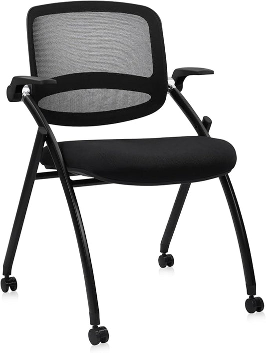 CLATINA Stackable & Foldable Conference Chair with Wheels, Ergonomic Mesh Back, 300lbs Capacity, Breathable Padded Seat, Adjustable Armrests, Office Chair for Reception, Training, Home, Black, 1PK