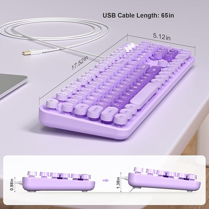 MOWUX Computer Keyboard Wired, Plug and Play USB Retro Round Typewriter Keyboard, Full Size Wired Keyboard with Foldable Stands for Laptop and Office PC- Purple with Large