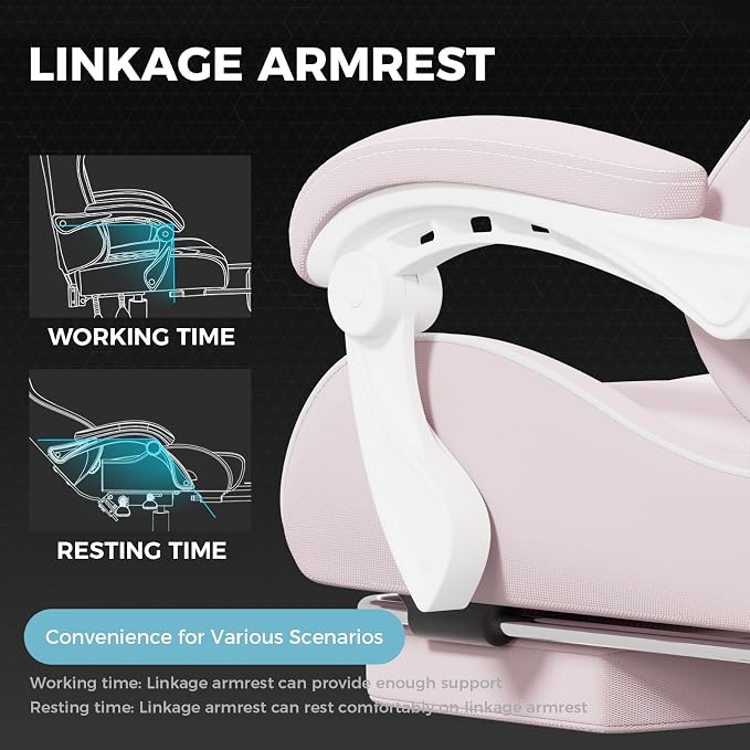 GTPLAYER Gaming Chair with Footrest, Computer Chair with and Lumbar Support, Height Adjustable Game Chair with 360°-Swivel Seat and Headrest and for Office or Gaming (Pink-Fabric)